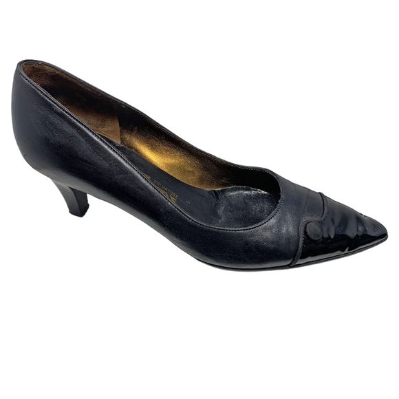 Salvatore Ferragamo Black Leather‎ Patent Leather Cap Toe Pumps - Picture 2 of 14